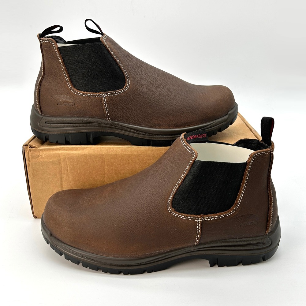 Comp Toe Work Boots Avenger Foreman Romeo Men Sz 9.5 W Brown Leather Pull-on NEW